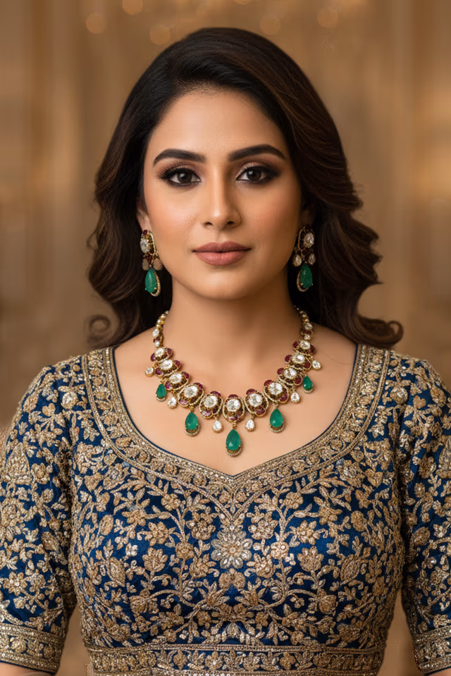 Elegant Gemstone And Pearl Drop Designer Jewelry Set — rent in Coimbatore