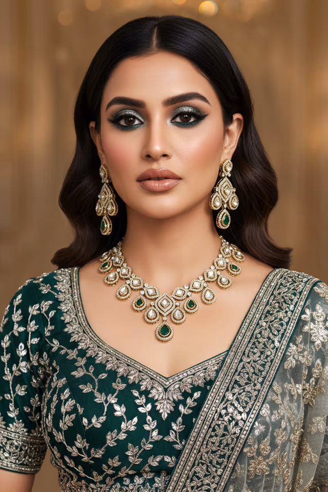 Glamorous Ethnic Statement Piece Decorated With Sparkling Polki Stones And Elegant Green Bead Drops — rent in Bangalore
