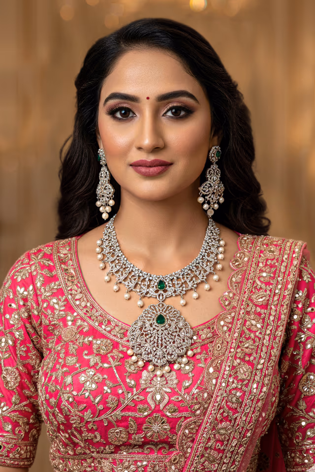 Glamorous Party Wear Neckpiece Featuring Sparkling Square Cut Stones And Pearls — rent in Coimbatore