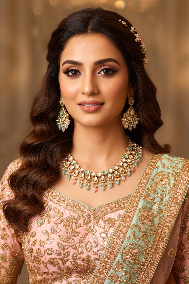 Elegant gold-toned choker featuring pastel pink and mint green kundan-style stones, embellished with… — rent in Calicut