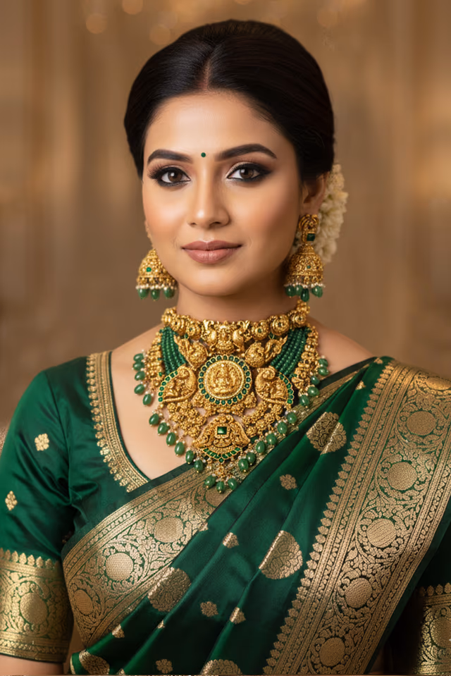 Heavy Golden Goddess Motif Engraved Bridal Necklace — rent in Coimbatore