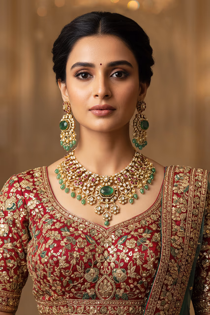 Beautiful Green Droplets Hang Gracefully From This Heavily Embellished Masterpiece Of Modern Jewelry — rent in Coimbatore
