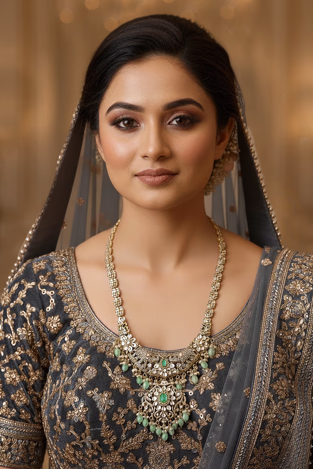 Green And Golden Heavy Bridal Necklace Set — back view, rent in Coimbatore