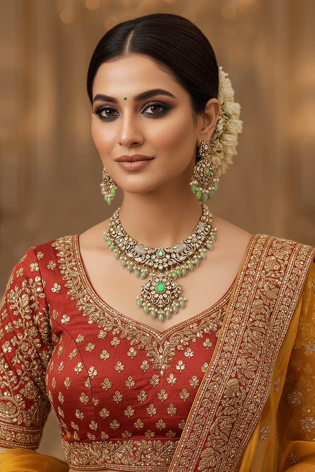 Green And Golden Heavy Bridal Necklace Set — rent in Coimbatore