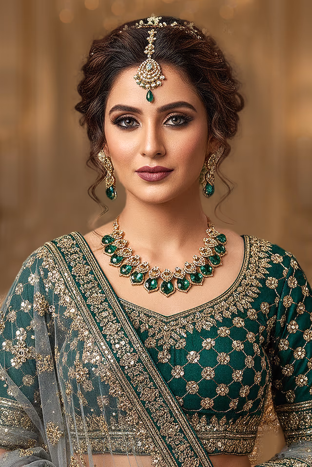 Green Stone Embellished Elegant Choker Set With Beautiful Earrings — rent in Coimbatore