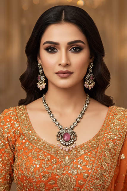 High Fashion Ethnic Jewelry Featuring A Bold Choker Silhouette And Dark Pink Gemstone Accents — rent in Bangalore