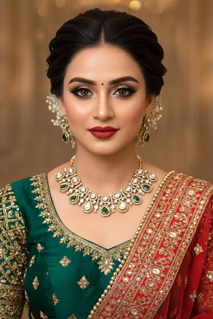Elegant Traditional Indian Bridal Necklace Set With Beautiful Green Gemstones And Detailed Gold Polishing — rent in Bangalore