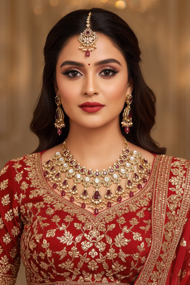 Heavy Traditional Indian Jewelry Featuring A Central Drop Motif And An Adjustable Gold Dori Making It… — rent in Calicut
