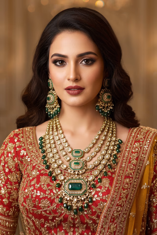 Traditional Indian Necklace Set With Luxurious Gold Colored Threading And Hanging Emerald Green Beads… — rent in Calicut