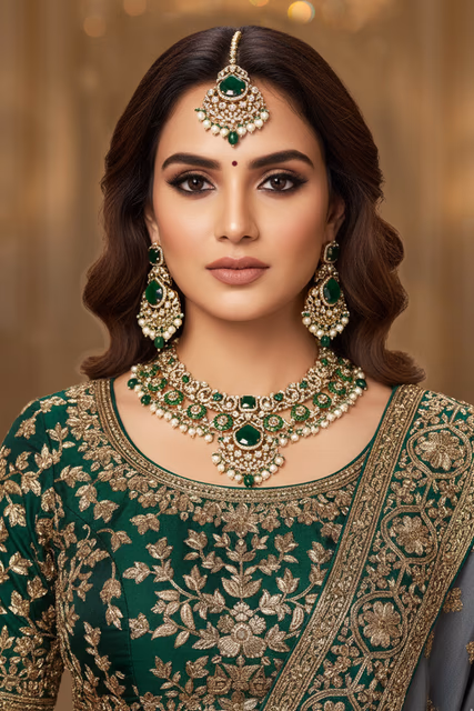 Intricate Floral Motifs Are Handcrafted Across The Entire Width Of This Beautiful Statement Green Necklace — rent in Calicut