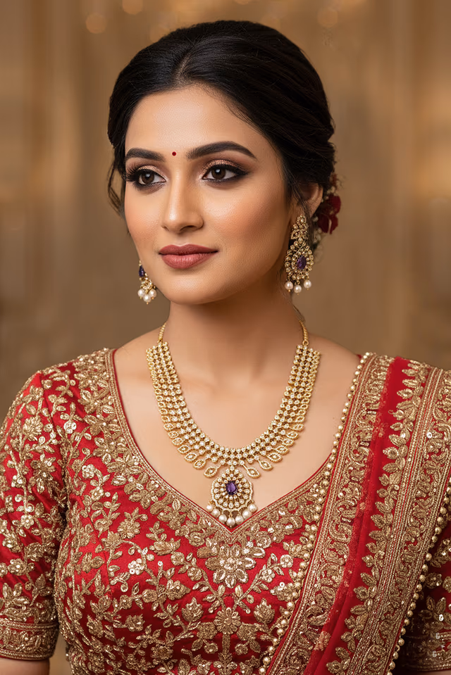 Intricate Kundan-Style Gold-Toned Choker Necklace With Clear Stones, A Central Purple Pendant, And… — rent in Coimbatore