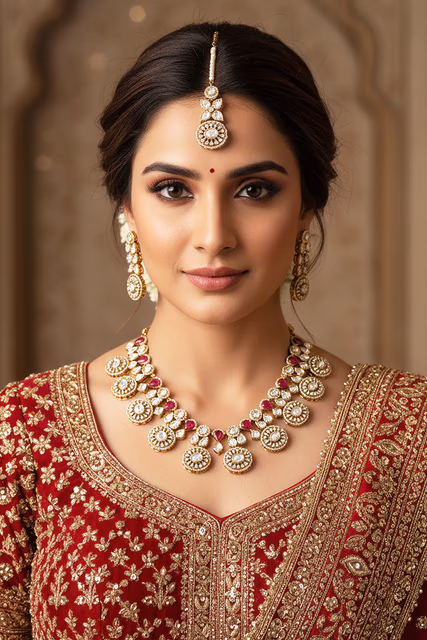 Luxurious Red And White Kundan Jewelry With Contemporary Stone Setting Giving A Royal And Sophisticated… — rent in Calicut