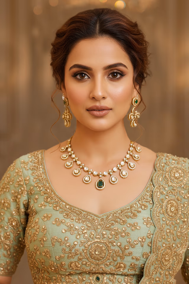 Luxurious Necklace Set With Alternating Rectangular And Pear Shaped Green Gems Outlined With Brilliant… — rent in Calicut