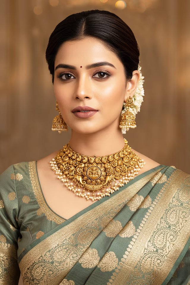 Magnificent Gold Bridal Necklace Embodies Temple Art Through Divine Motifs Giving Brides An Elevated… — rent in Calicut