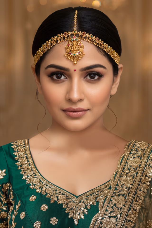 Majestic Bridal Accessory Set Featuring A Heavy Gold Tone Base Adorned With Lustrous White… — back view, rent in Bangalore