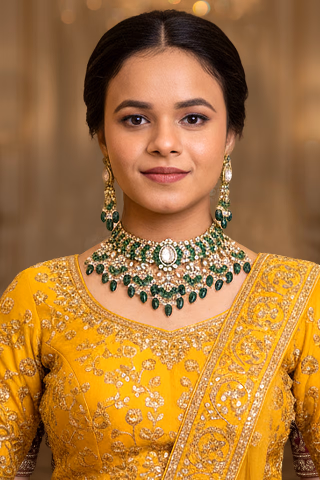 Mughal Grandeur Emerald Polki Choker Set — rent in Kochi