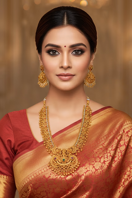 Ornate Festive Season Necklace Set Showcasing Fine Metalwork Accented With Tiny Emerald And Ruby… — rent in Bangalore