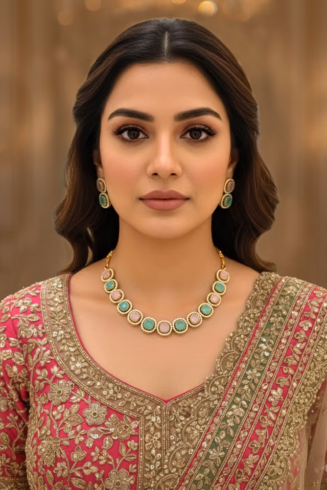 Pastel Green & Pink Dual-Tone Beaded Necklace Set — rent in Kochi