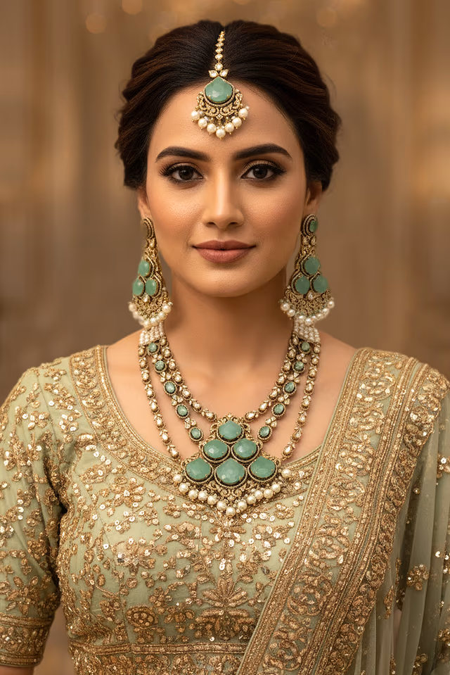 Pastel Green And White Stonework Embellished Beautiful Necklace — rent in Coimbatore