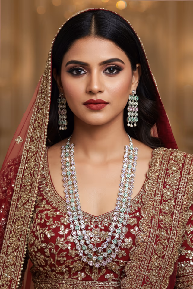 Pastel Mint Green & Baby Pink Long Haar Necklace Set — rent in Kochi