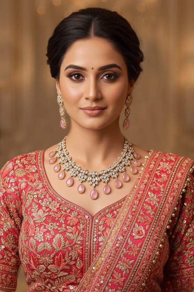 Pastel Pink And White Stone Droplet Necklace Set — rent in Coimbatore
