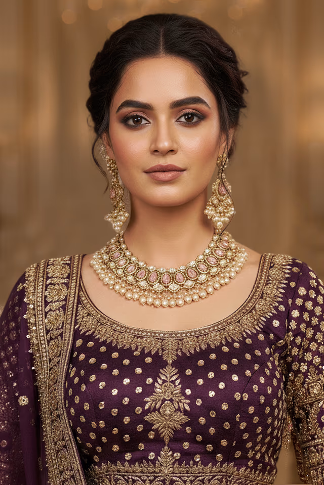 Pink And White Stone Layered Bridal Moti Necklace Set — rent in Coimbatore