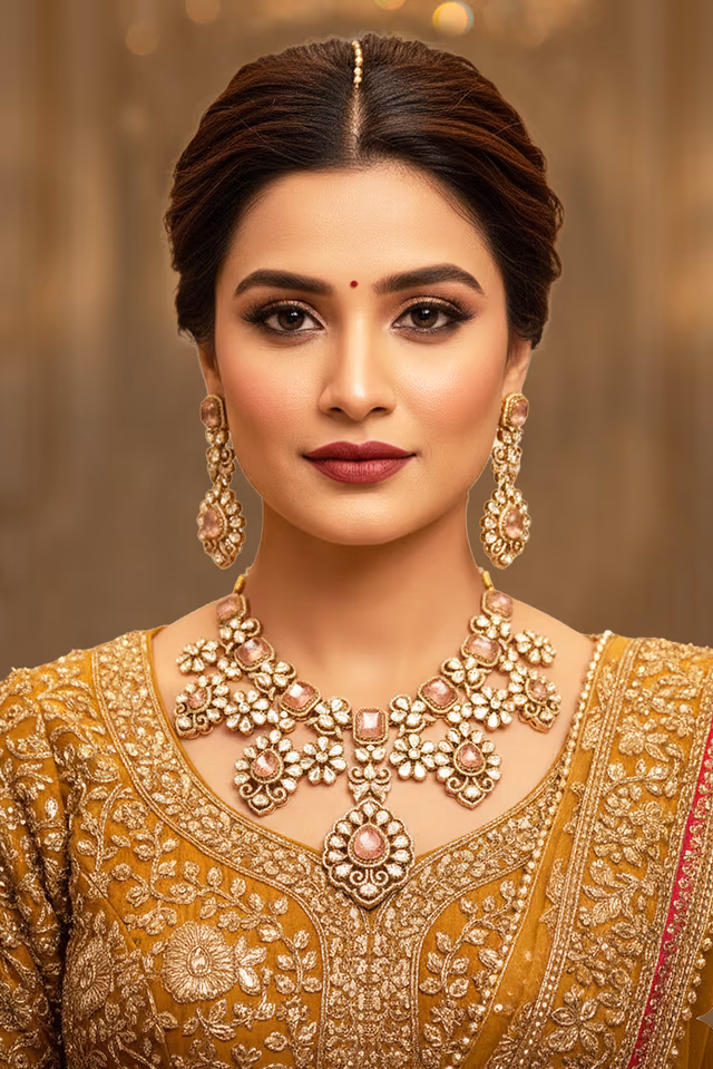 Stunning Polki Necklace Embellished With Pink Accents Adds Majestic Royalty To Bridal Attire With… — rent in Calicut