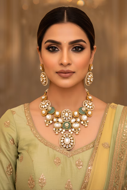 Premium Quality Gold Plated Choker Necklace Adorned With Shimmering White And Green Glass Stones — rent in Bangalore