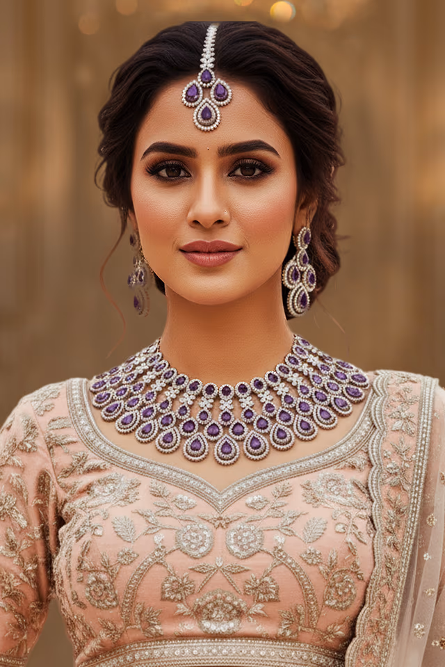 Radiant Diamond White And Purple Necklace Elevates Wedding Fashion With Refined Sparkle And Graceful… — rent in Calicut