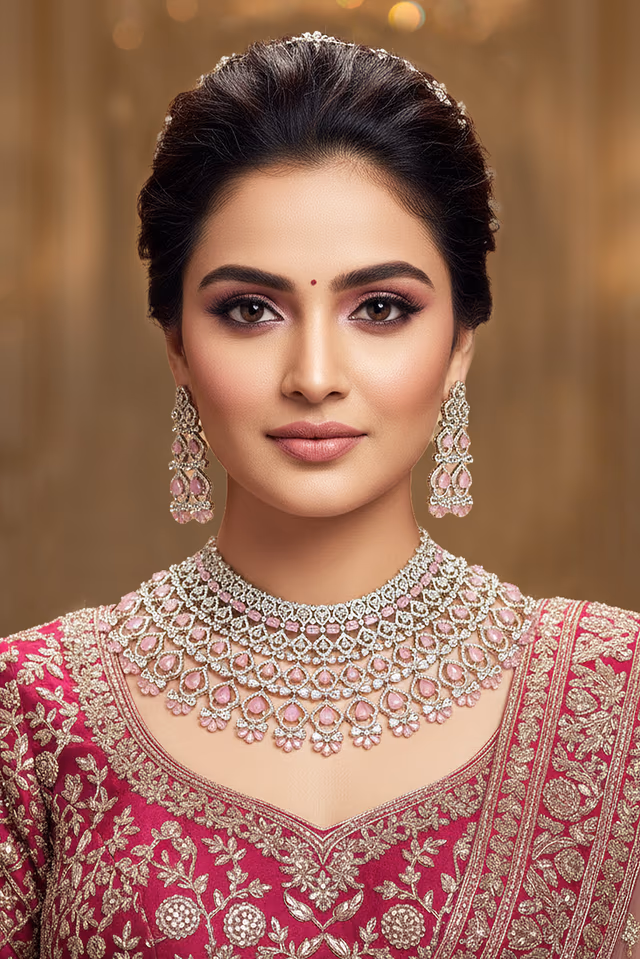 Radiant Pink Diamond Necklace Crafted In Silver Showcases Modern Elegance With Delicate Sparkling Stones — rent in Calicut