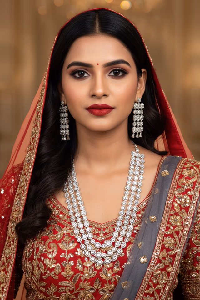 Radiant Sparkle Silver Long Haar Necklace Set — rent in Kochi