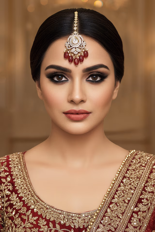 Red Stone Kundan Maang Tikka with Pearl Detailing — rent in Kochi