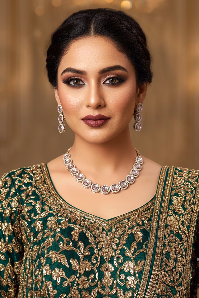 Refined Diamond Necklace Offers Gentle Luminosity And Elegant Silver Detail Creating A Polished Bridal… — rent in Calicut