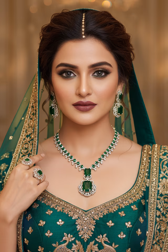 Regal Emerald Elegance Necklace Set — rent in Kochi