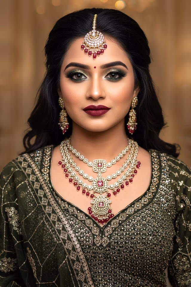 Regal Ruby Polki Long Haar Set — rent in Kochi
