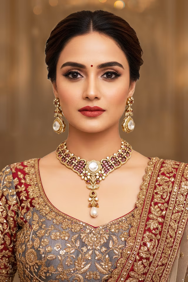 Rich Gold Dori Complements The Cool Rani Pink Gems Creating A Striking Contrast And An Air Of… — back view, rent in Calicut