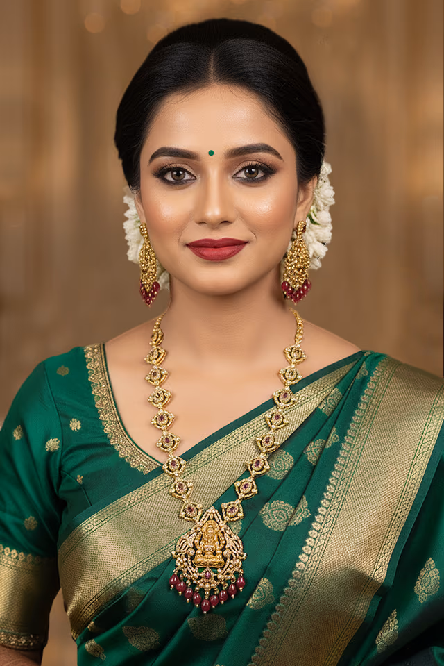Royal Gold Look Necklace Set With Ruby And Emerald Studs — rent in Coimbatore