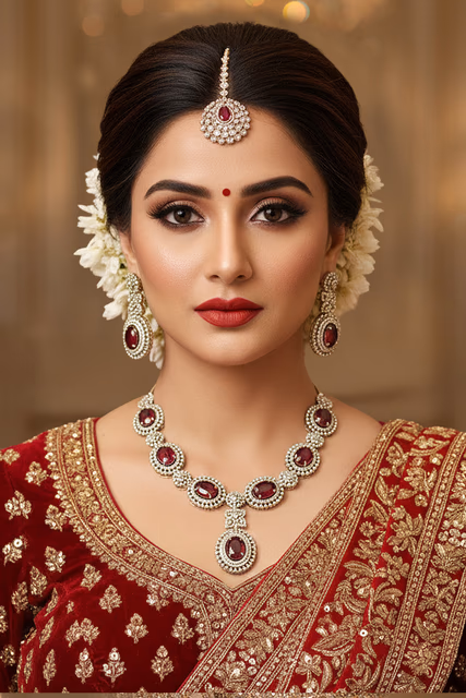 Royal Ruby Mid-Chain Polki Necklace Set — rent in Kochi