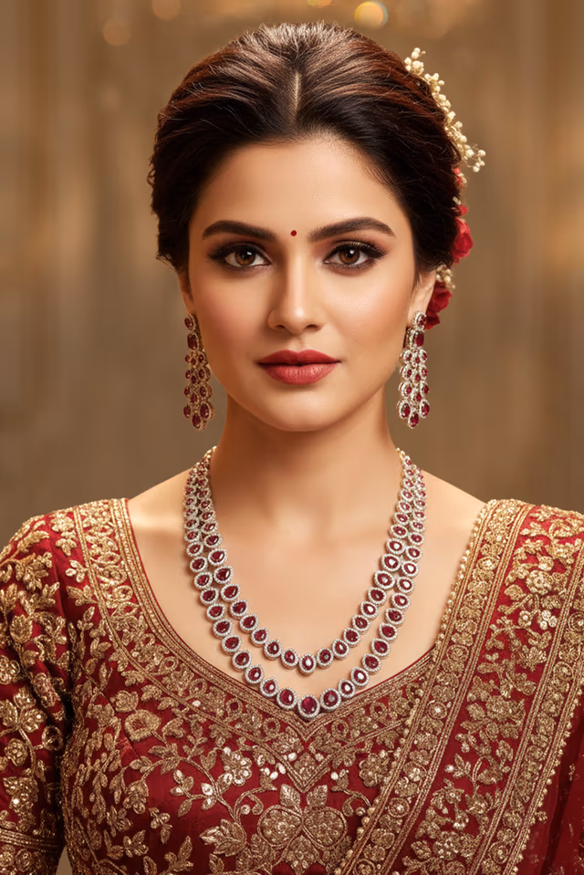 Royal Ruby Red Long Haar Necklace Set — rent in Kochi