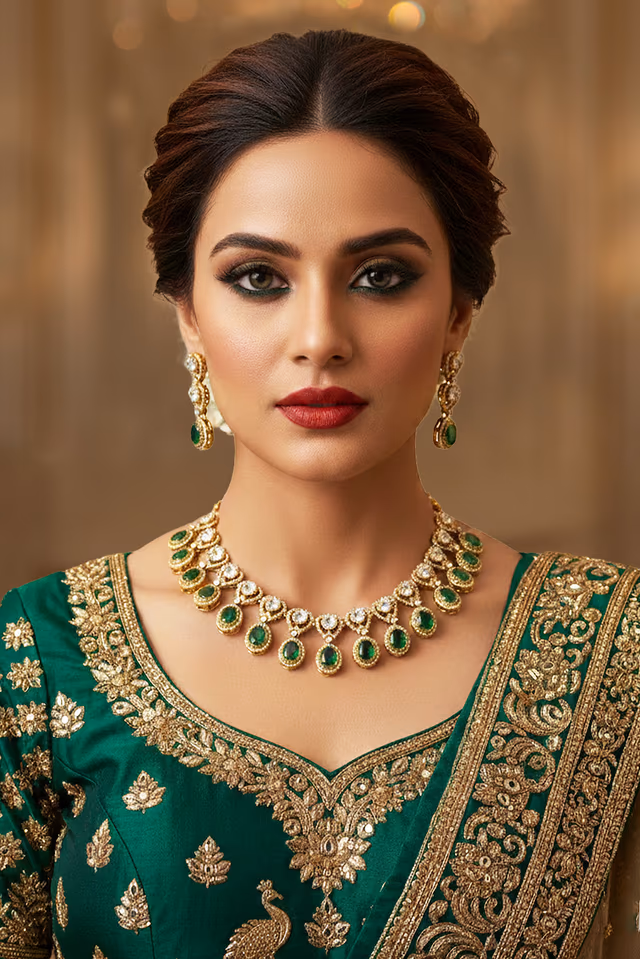 Royalty In This Gorgeous Statement Necklace Combining The Warmth Of Gold Finish With The… — back view, rent in Calicut
