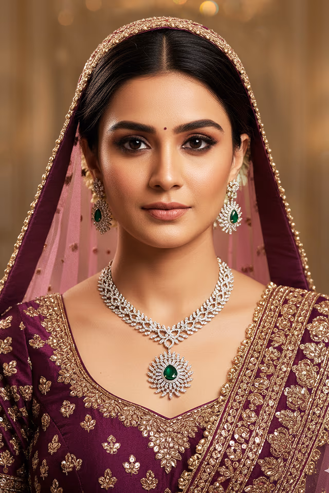 Shimmering Silver Diamond Set Offers Beautiful Soft Glow Enhancing Bridal Grace Effortlessly — rent in Calicut