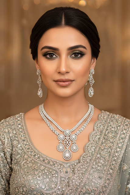 Shimmering Silver Toned Necklace Features Multiple Rows Of Brilliant Crystals For An Elegant Shine — rent in Calicut