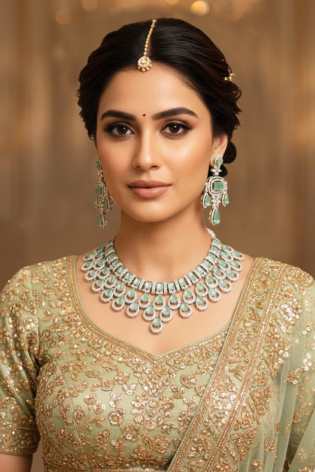 Beautiful Silver Diamond Set Adds Understated Glamour And Soft Shine Creating An Elegant Bridal Presence — rent in Calicut