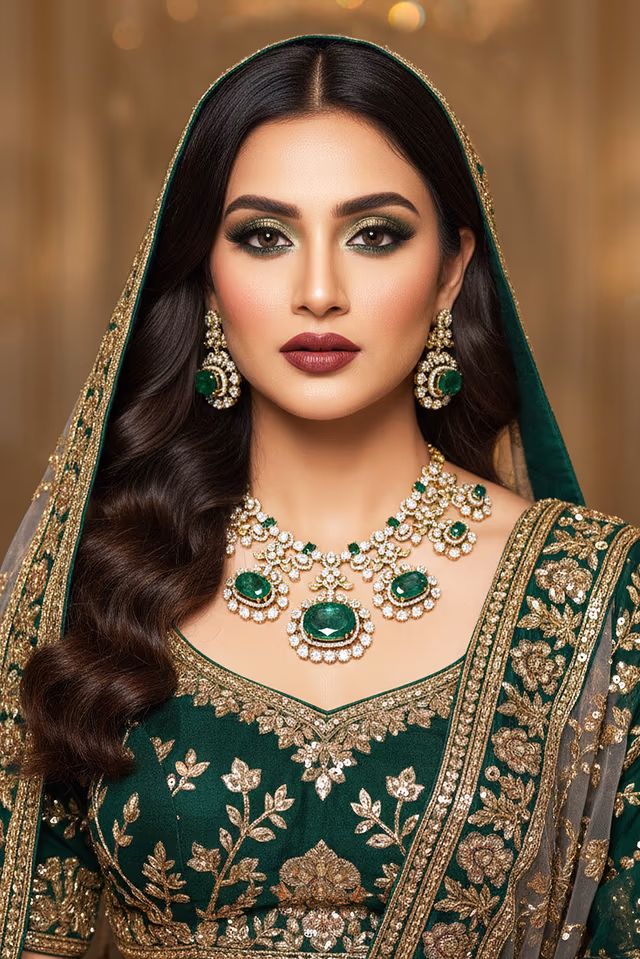 Soft White Pearls Soften The Bold Impact Of The Vibrant Green Emerald Style Center Stones — rent in Calicut