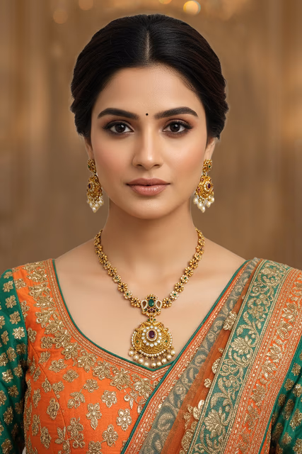 Sophisticated Antique Gold Finished Jewelry Featuring Rich Textures And Decorative Pearl Hangings For A… — rent in Bangalore