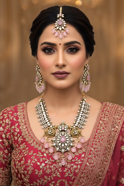 Sophisticated Bridal Wear Accessory Featuring A Heavy Gold Tone Base And Pink Embellishments — rent in Bangalore