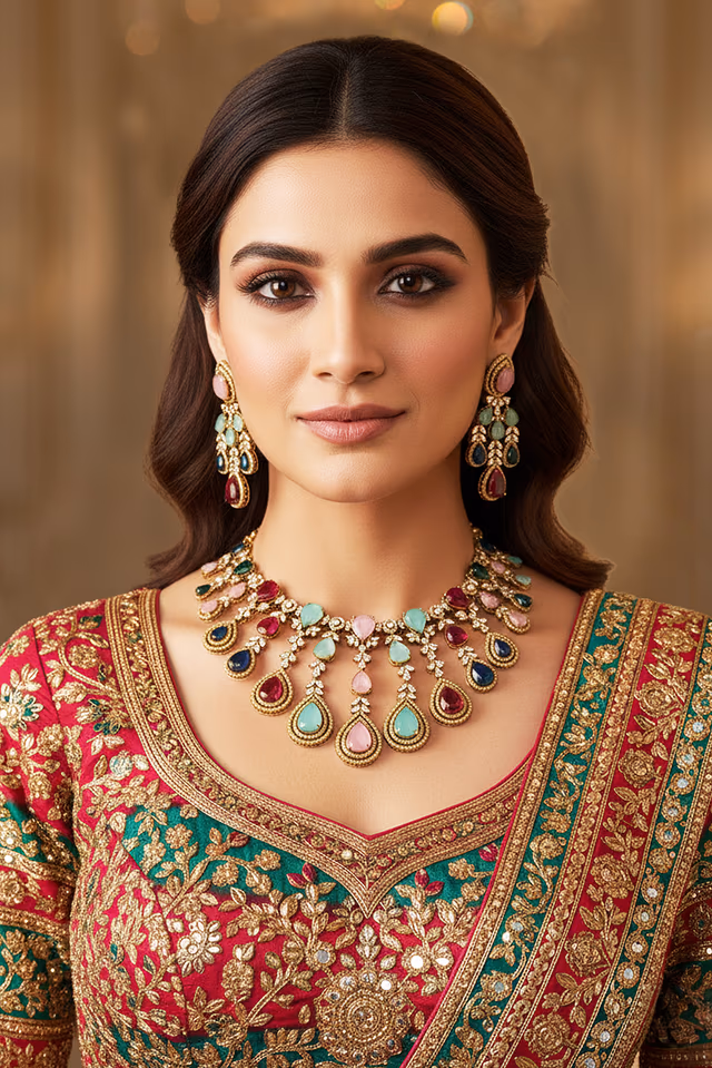 Sophisticated Ethnic Jewelry With Sparkling Clear And Rich Multicolor Accents — back view, rent in Calicut