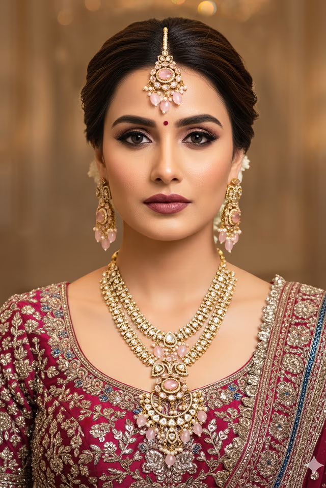 Sophisticated Ethnic Jewelry With Sparkling Clear And Rich Pink ccents. — rent in Calicut