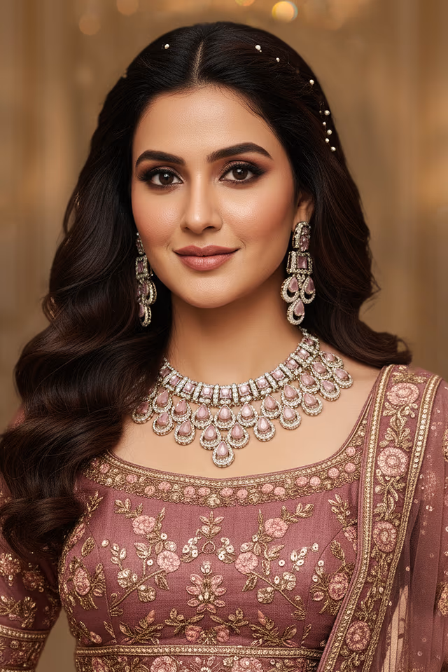 Sparkling Pink Stone Jewellery Adorned With Diamonds Highlights Sophisticated Bridal Charm With Stunning… — rent in Calicut