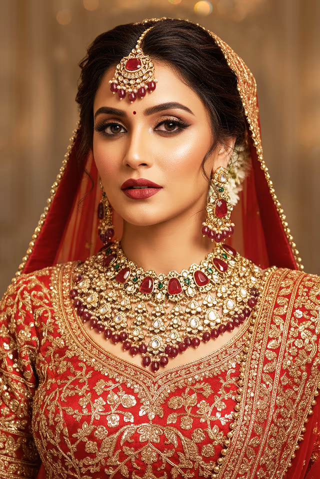Splendid Bridal Necklace Blends Red And White Elegance Creating A Show-Stopping Wedding Aesthetic — rent in Calicut